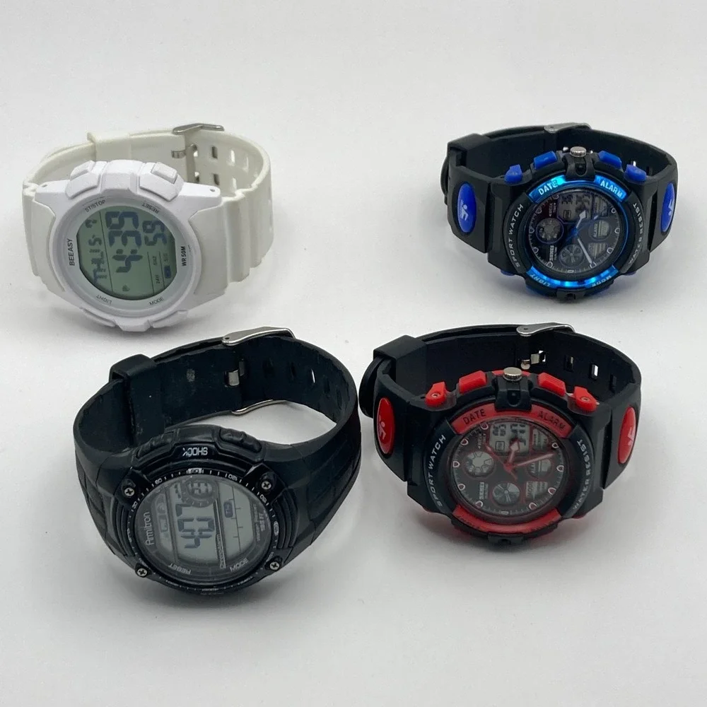 Lot of 4 Men's Watches Digital Armitron Skmei Black White Red Alarm Date Chrono